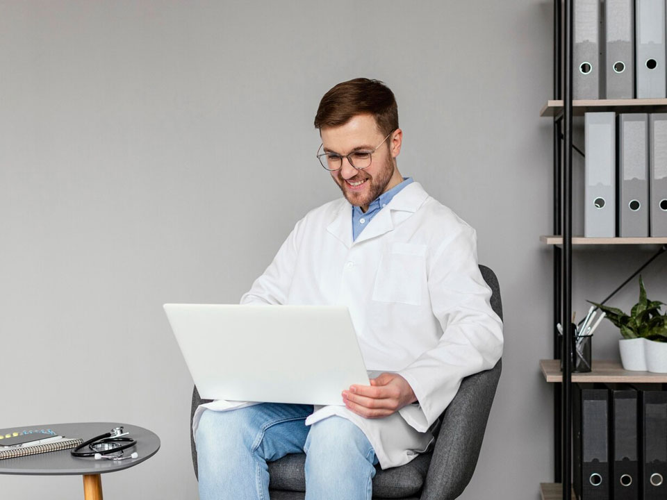 Médico sonriente gestiona su agenda médica en una plataforma digital, desde un entorno profesional y moderno, optimizando su tiempo con tecnología en la nube.